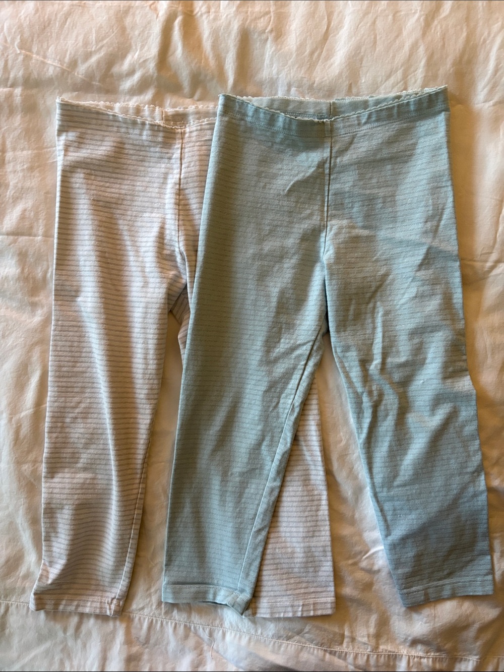 Two pairs of Tea Kids Stretch Cotton Capri Leggings - Light Blue & Cream Stripe